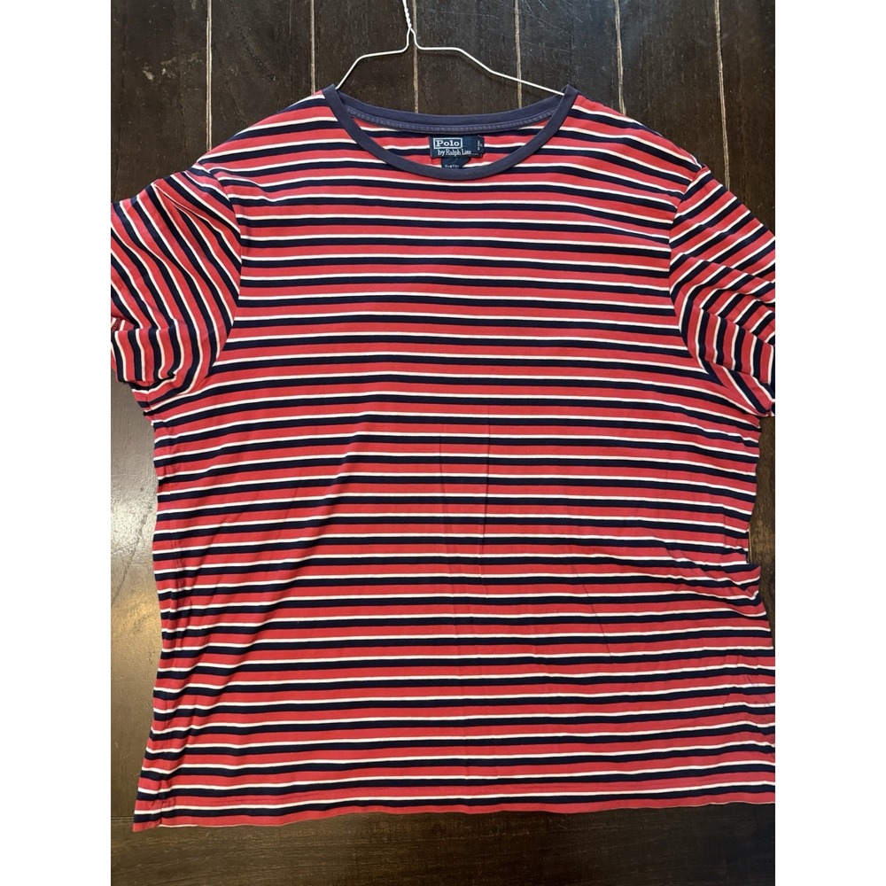 Polo Ralph Lauren Mens XL Custom Fit T Shirt Red Navy White Striped Short Sleeve